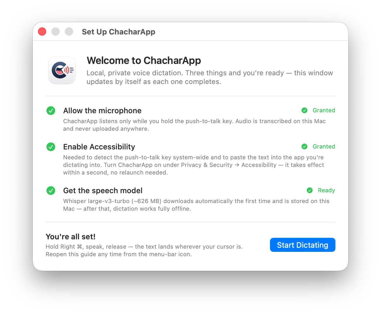 Asistente de primer arranque de ChacharApp: tres pasos que se marcan solos conforme se completan.