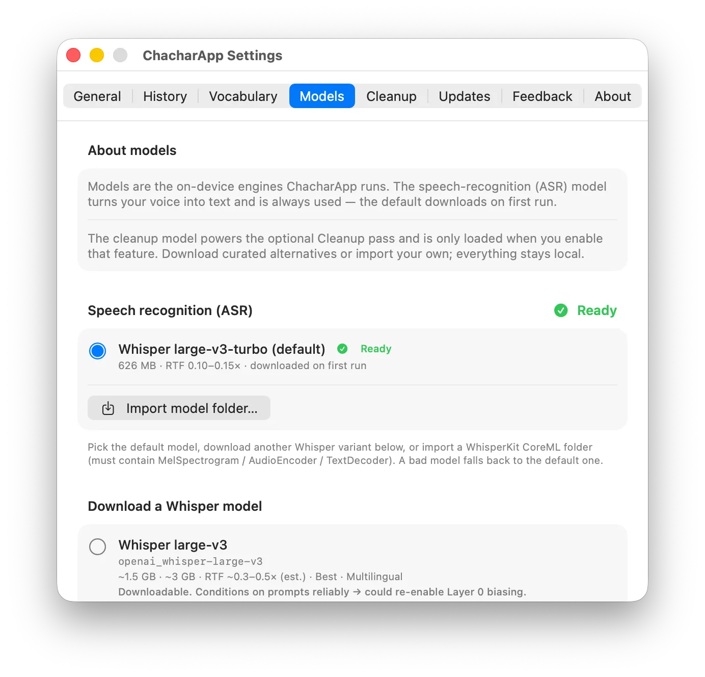 Pestaña Modelos de ChacharApp: Whisper large-v3-turbo listo, con más variantes descargables desde la app.