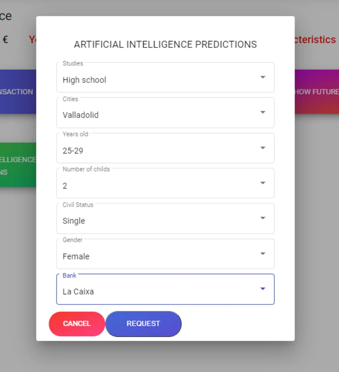 Modal «Artificial Intelligence Predictions» de Makaw: desplegables de estudios, ciudad, edad, número de hijos, estado civil, género y entidad bancaria, con un botón Request.
