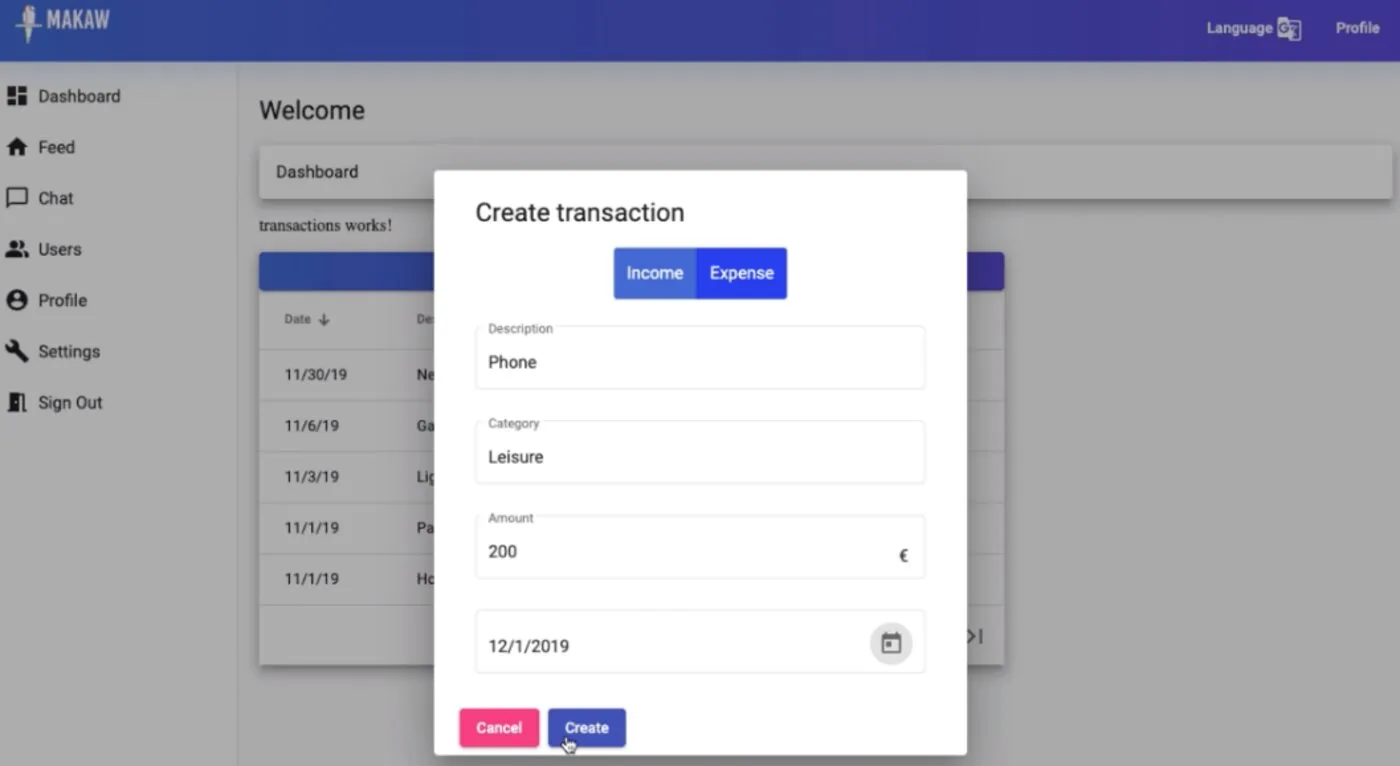 Modal «Create transaction» de Makaw sobre la tabla del tablero, alternando entre ingreso y gasto con descripción, categoría, importe y fecha.