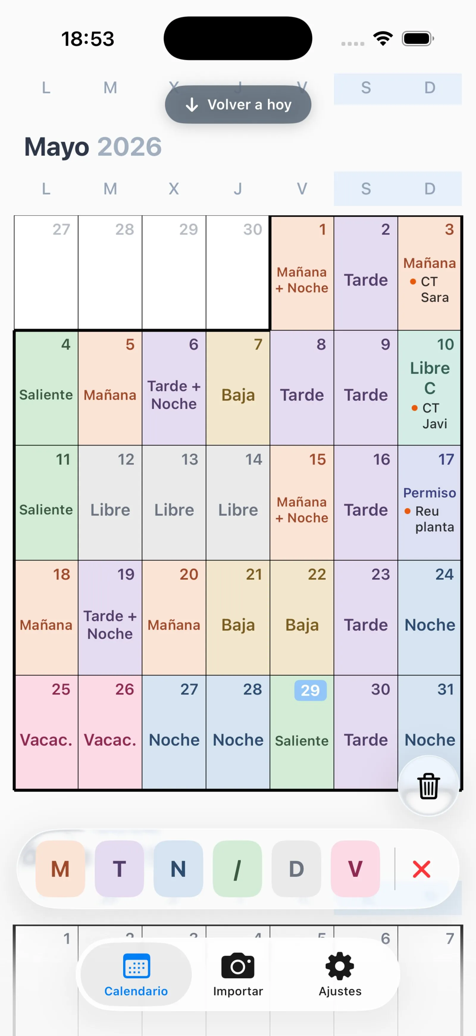 Mes codificado por color con barra de entrada rápida