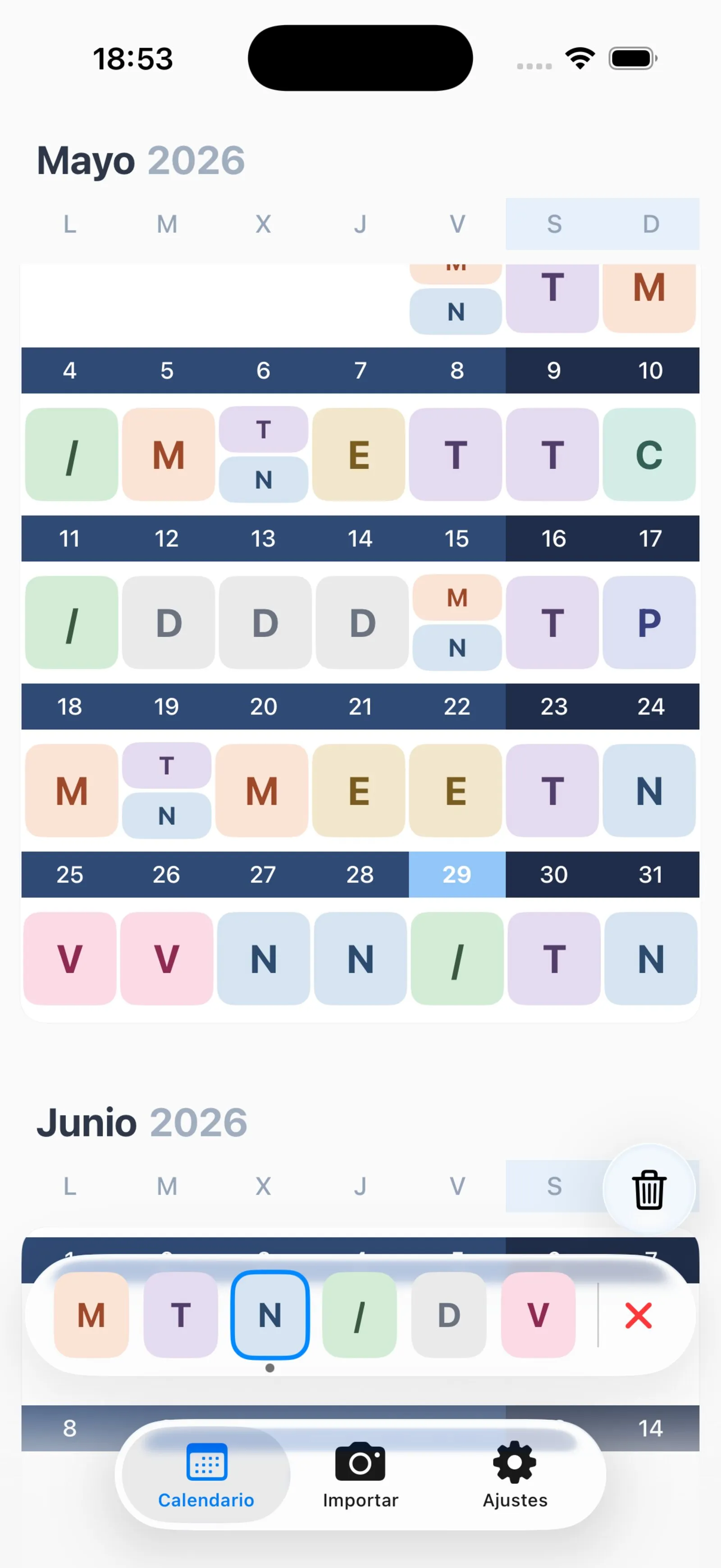 Vista compacta con fichas de una letra por turno
