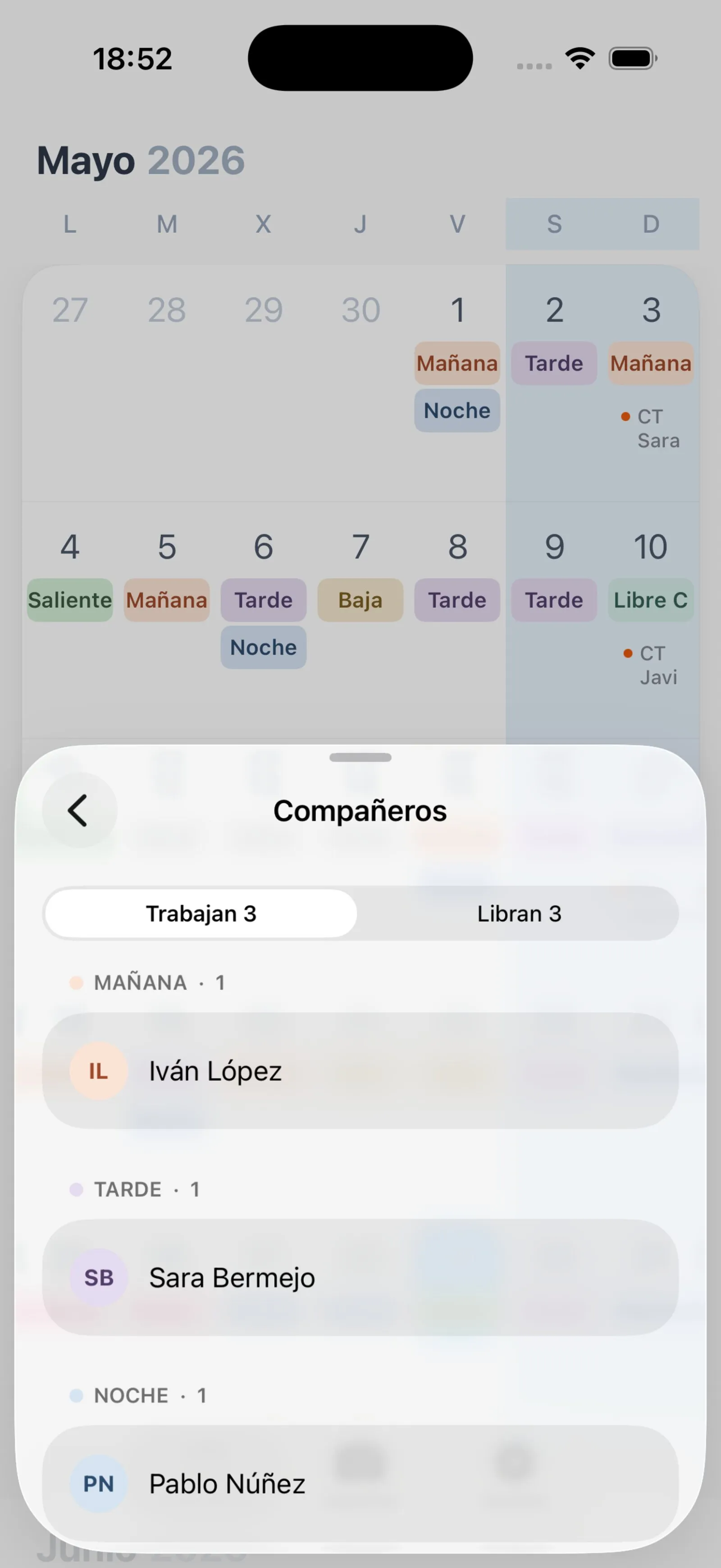 Panel de compañeros mostrando quién trabaja cada turno