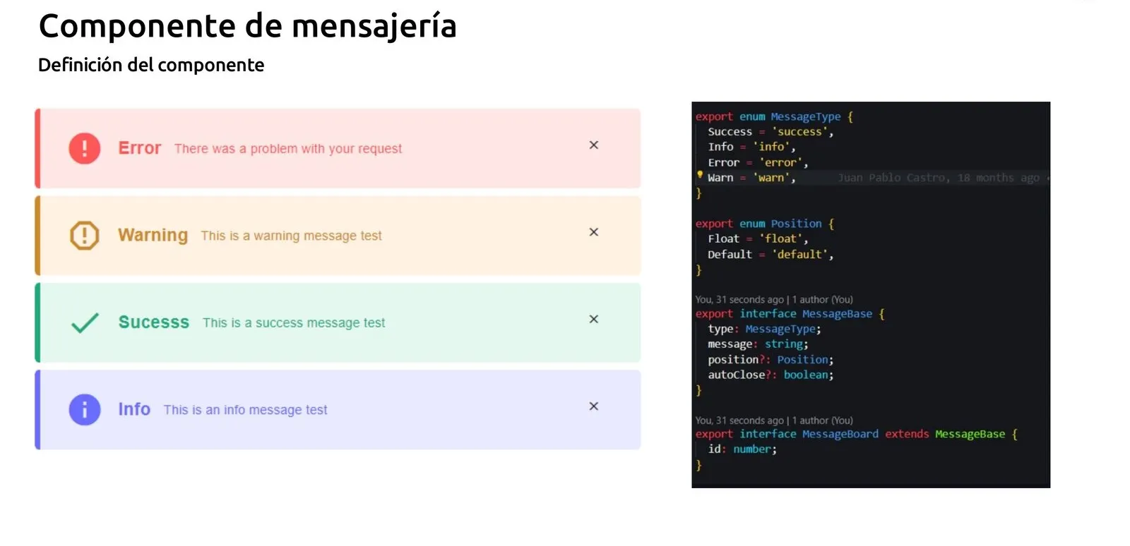 Slide del componente MessageBoard: cuatro tipos de mensaje y la interfaz TypeScript MessageBase.